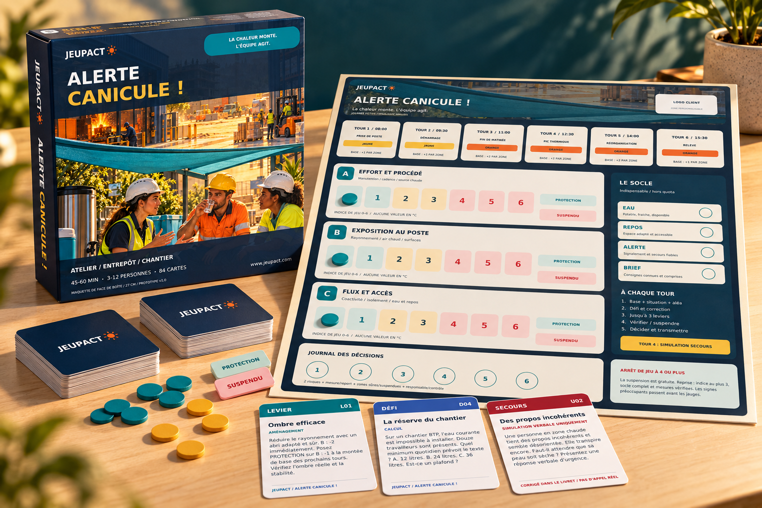 Le jeu Alerte canicule ! de JEUPACT : la boîte, le plateau à trois jauges, les cartes Leviers, Défis et Secours, et les jetons.