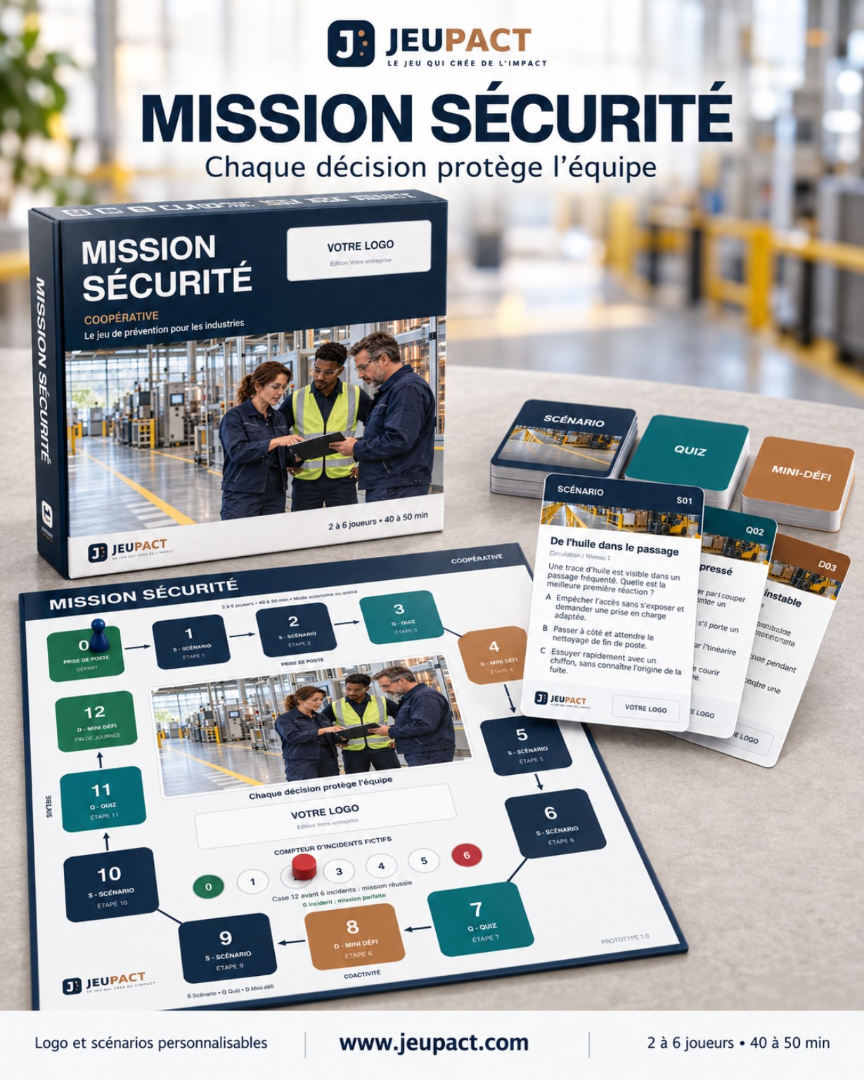 Vue d’ensemble du véritable jeu Mission Sécurité avec sa boîte personnalisable, son parcours coopératif en douze étapes et ses cartes de prévention.