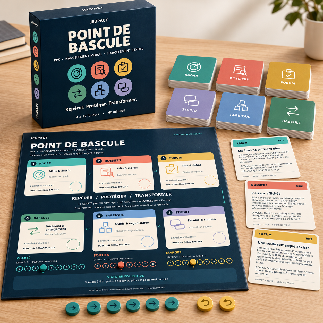 Le jeu Point de Bascule de JEUPACT : boîte bleu nuit, plateau Radar, Dossiers, Forum, Studio, Fabrique et Bascule, six paquets de cartes et jetons.